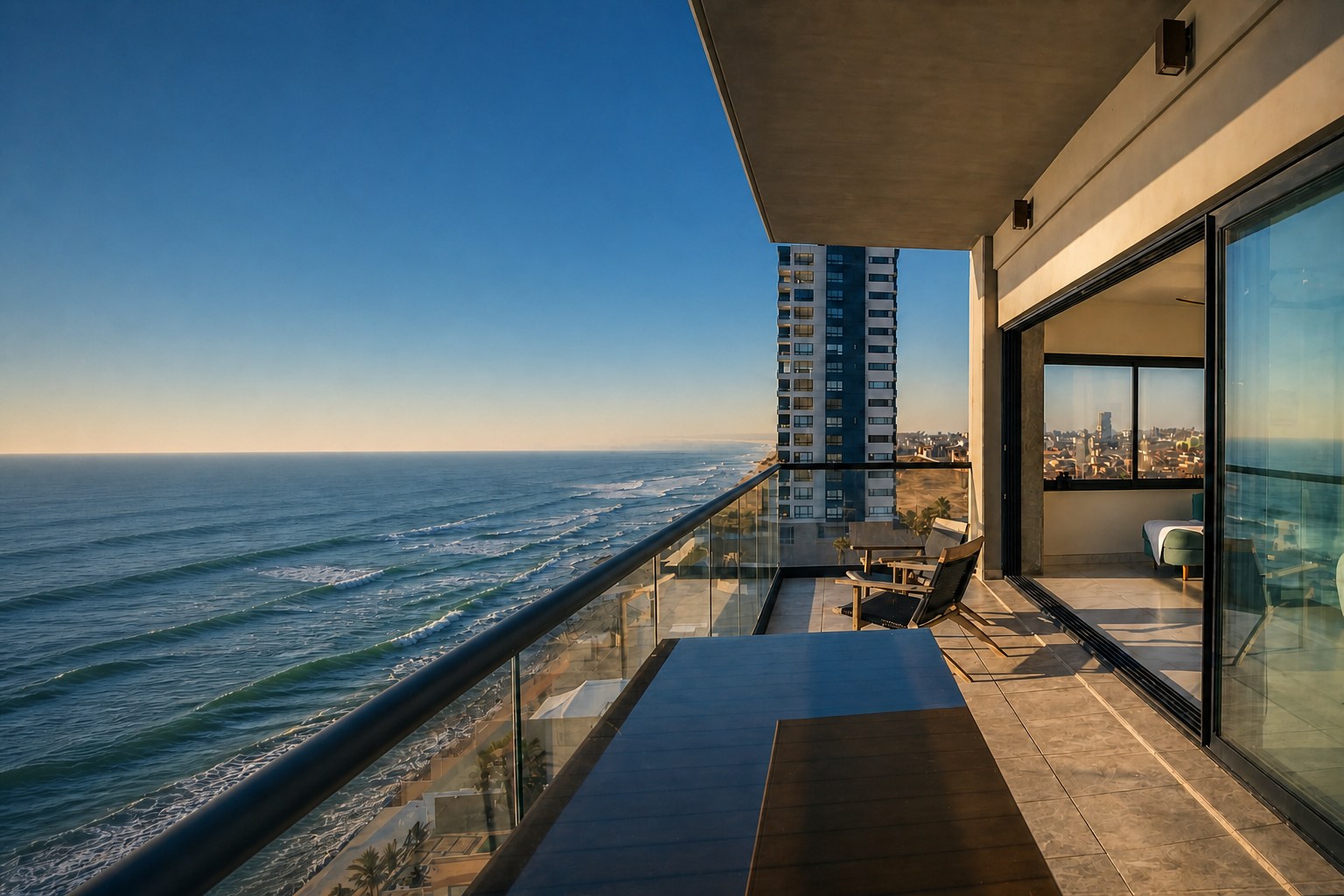 Long oceanfront terrace looking down the Pacific coast at golden hour